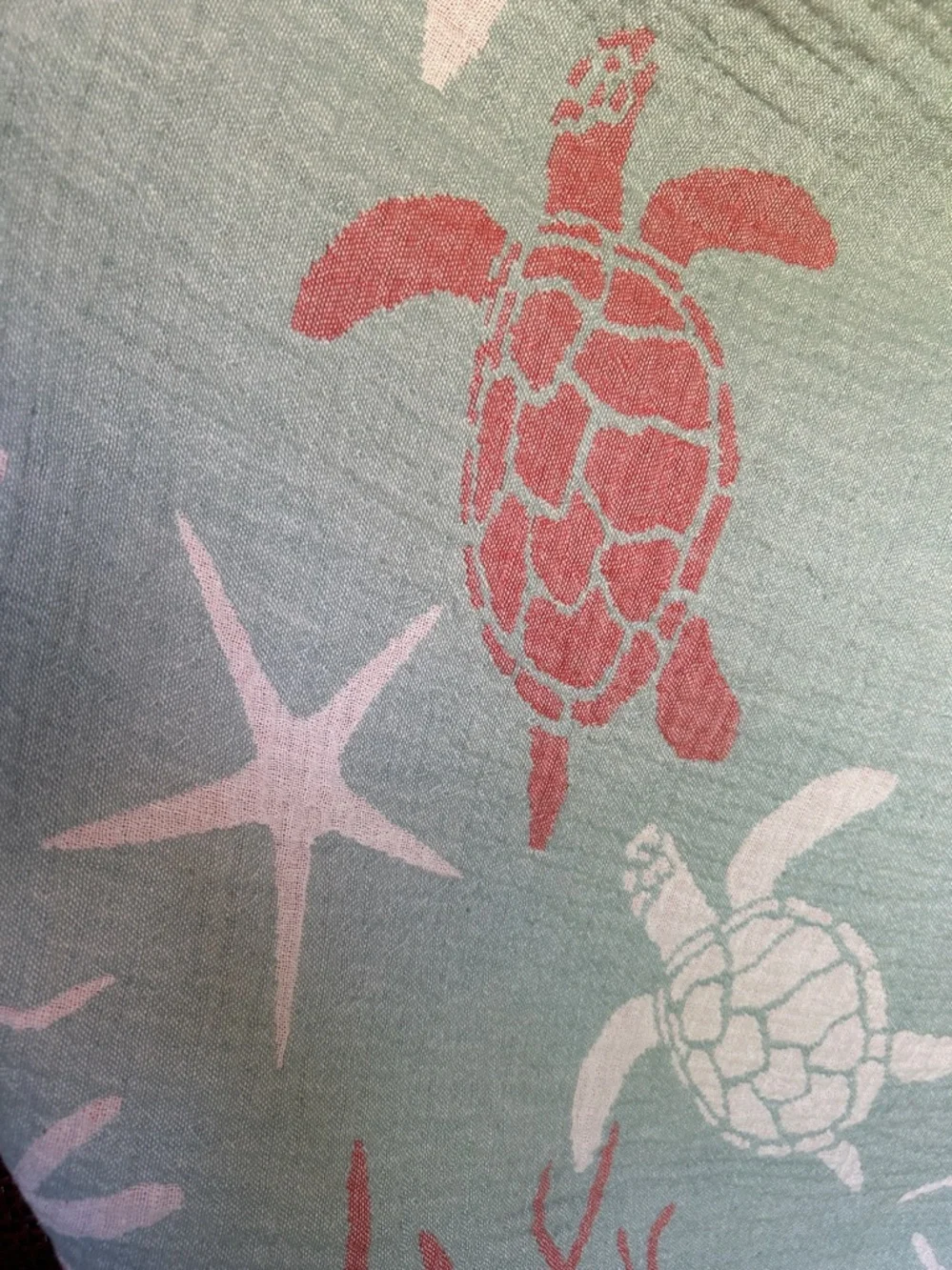 Woven Coastal Turtle 2 Side 100% Cotton Beach Towel Green + Coral NEW